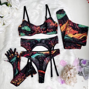 Unleash Your Inner Diva: Delightful Tie-Dye Lingerie Sets Featuring Lace Gloves, Stockings and Transparent Bras - A New Sensation in Women's Sleepwear!